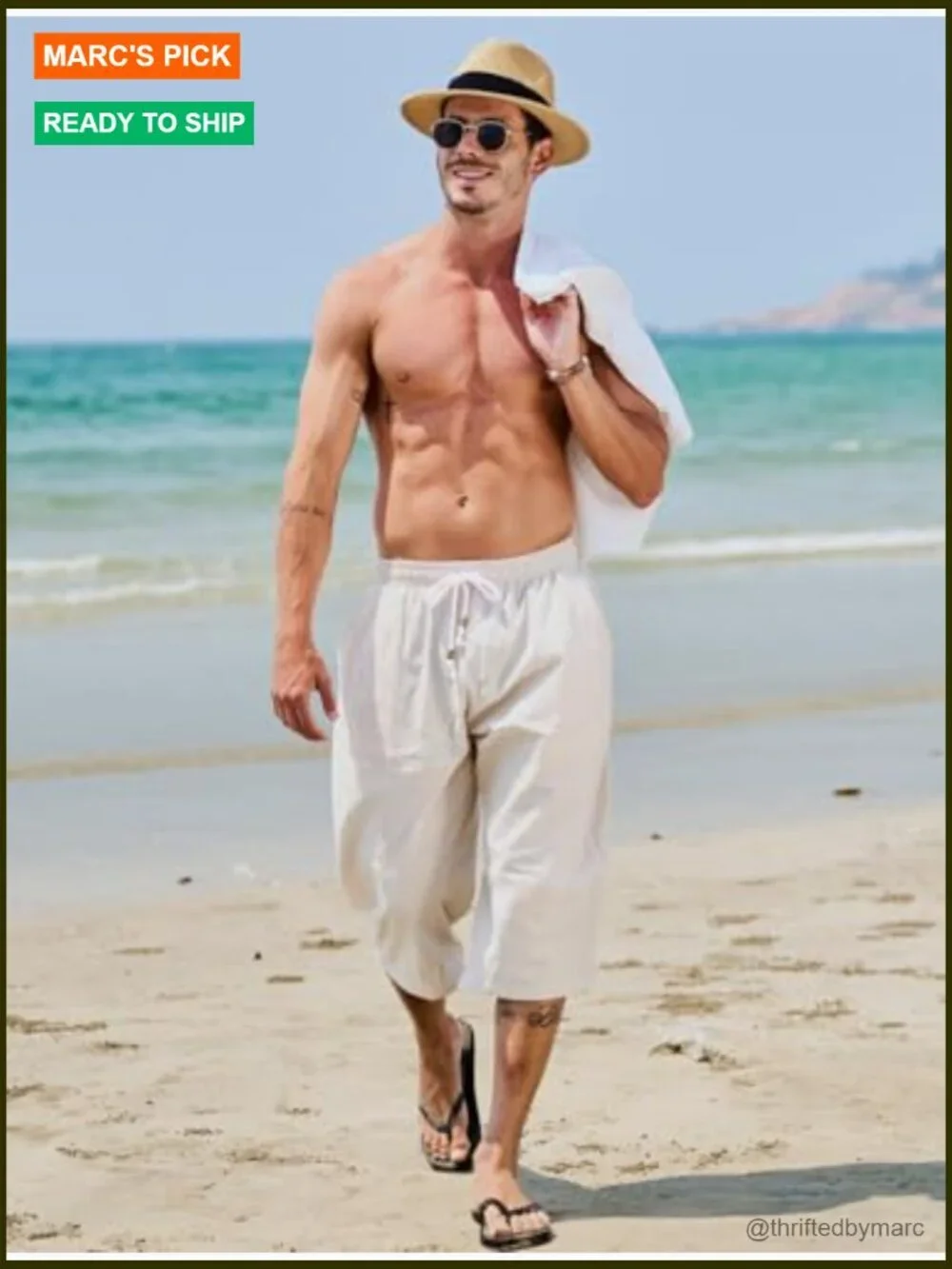 Men's Cotton Linen Capri Pants Elastic Waist Drawstring Loose Fit